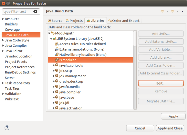 Modulepath > JavaSE-9 > Is module > Edit...